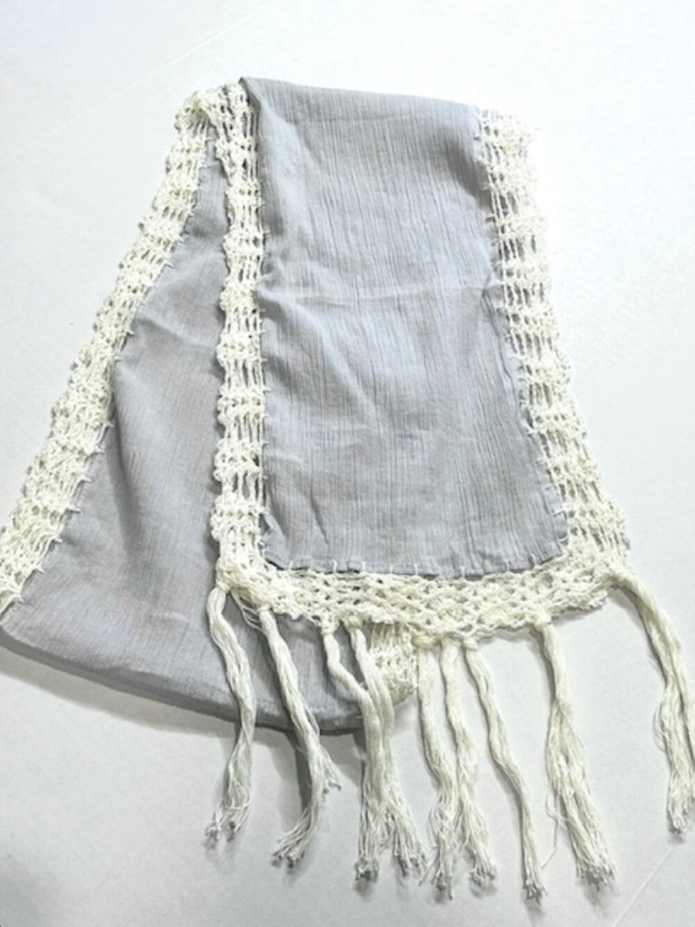 Womens Cotton Gauze Knit Scarf Crochet Trim with Tassles Light Blue & White 74" - Picture 1 of 7